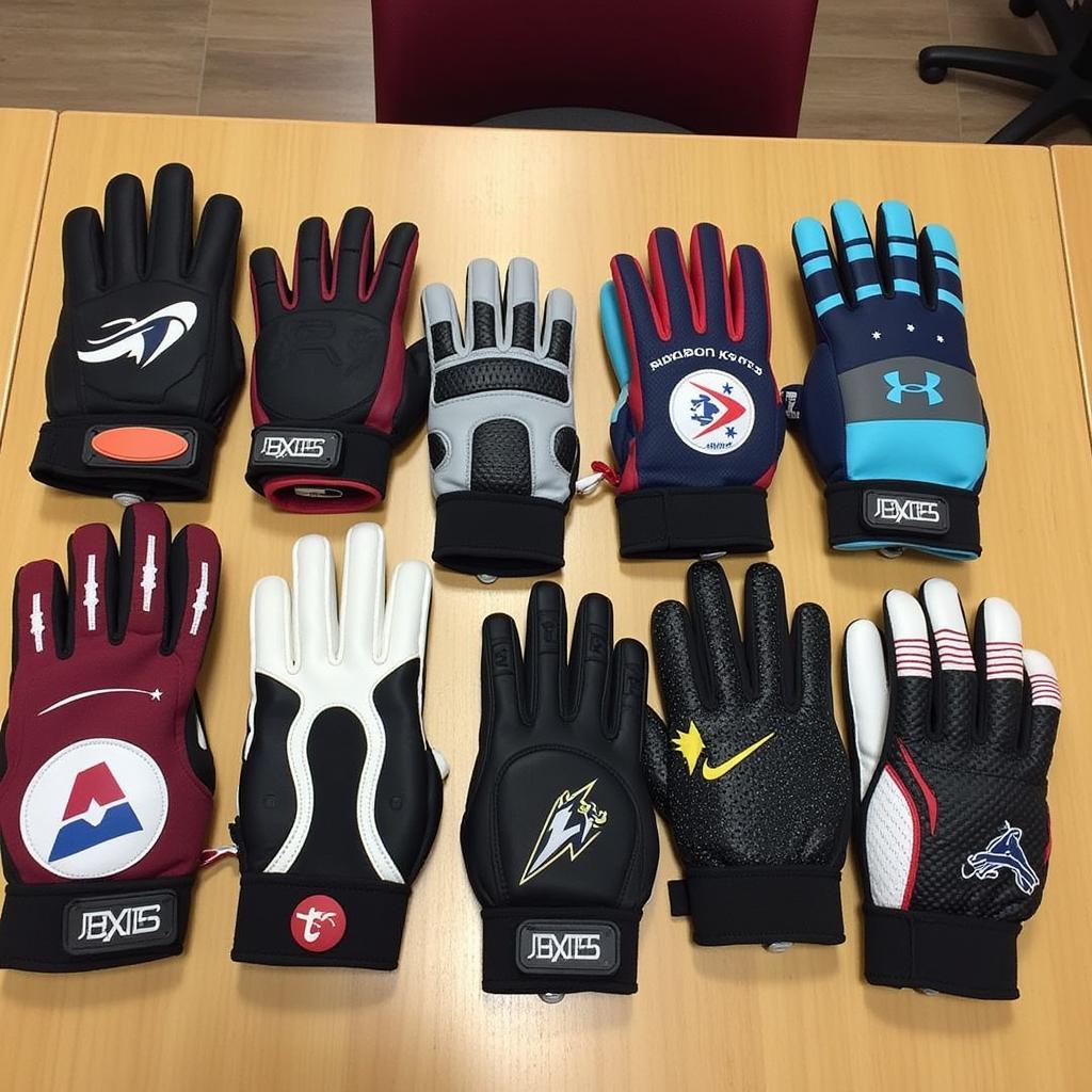 Different types of strapless football gloves on display