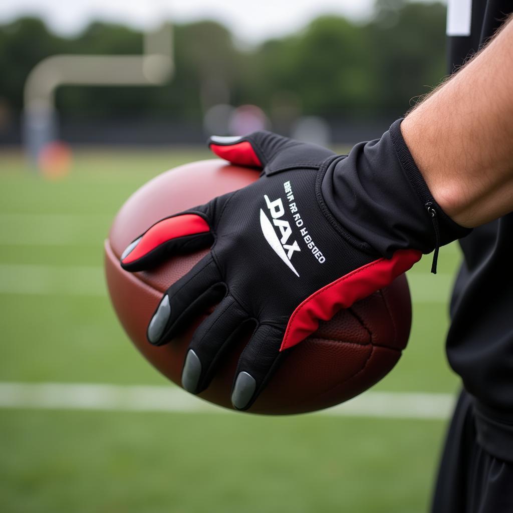 Close-up of a football player wearing strapless gloves during a game