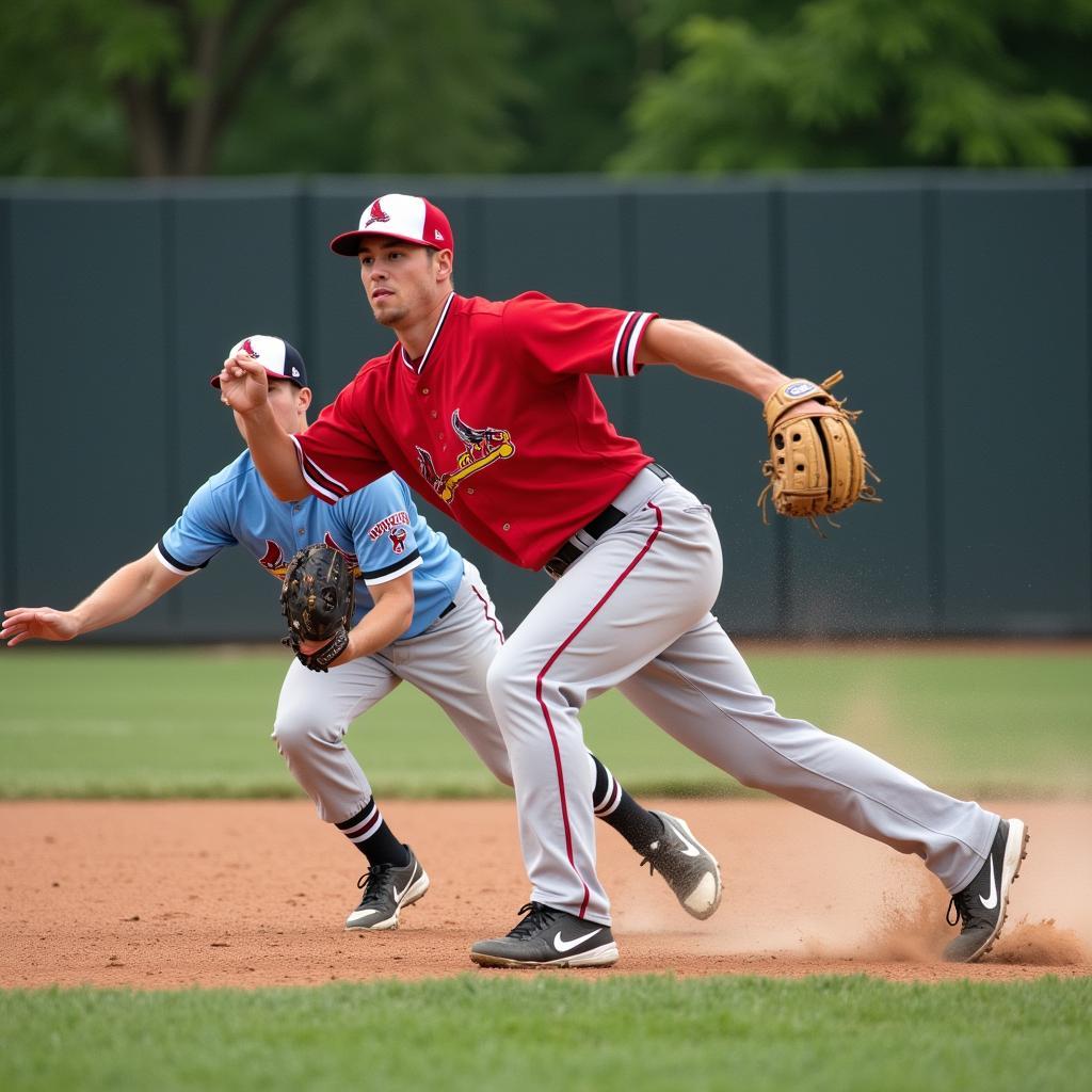 A player dives for a catch during a no glove baseball game.