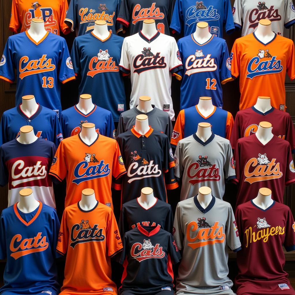 A collection of Fort Worth Cats jerseys, showcasing vintage and modern designs