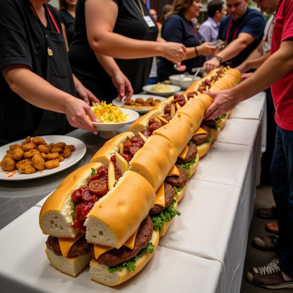 A four-foot hero sandwich being sliced and served to a crowd