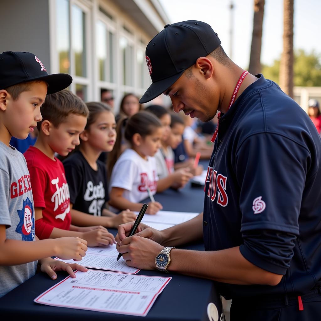 Freddy Peralta signing autographs for young fans