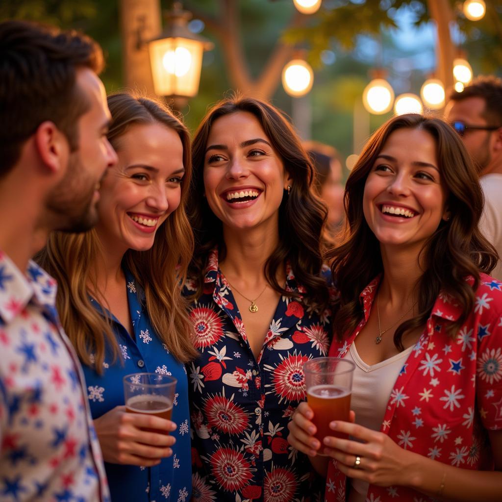 Friends celebrating the 4th of July wearing Hawaiian shirts