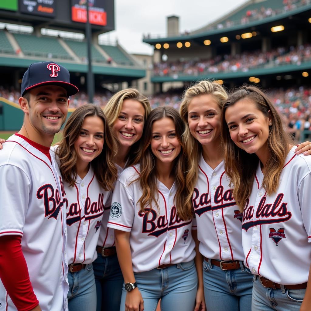 Group of Friends Sporting Matching Baseball and Beer Shirts at a Game