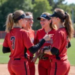 A group of softball players laughing together on the field