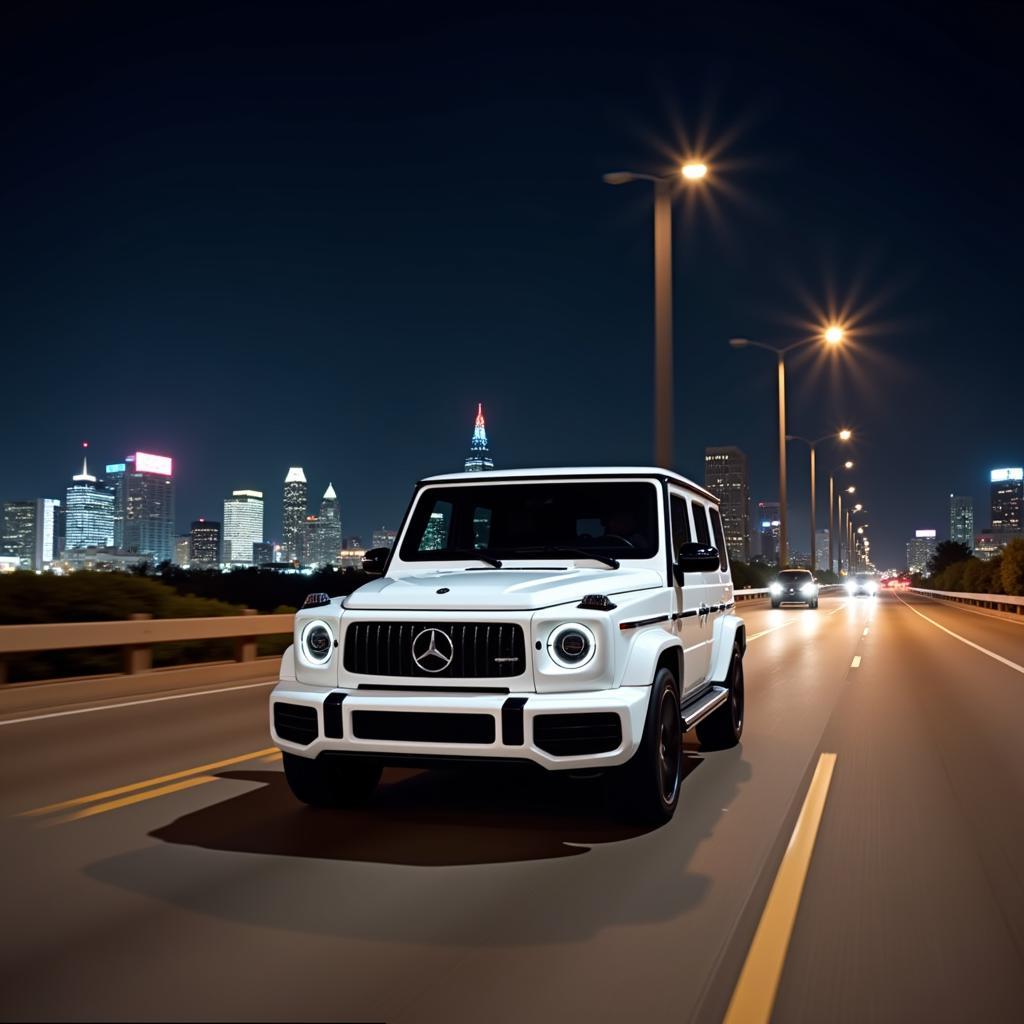 White G Wagon driving on a Houston highway at night