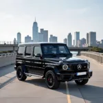 Black G Wagon parked in front of the Houston skyline