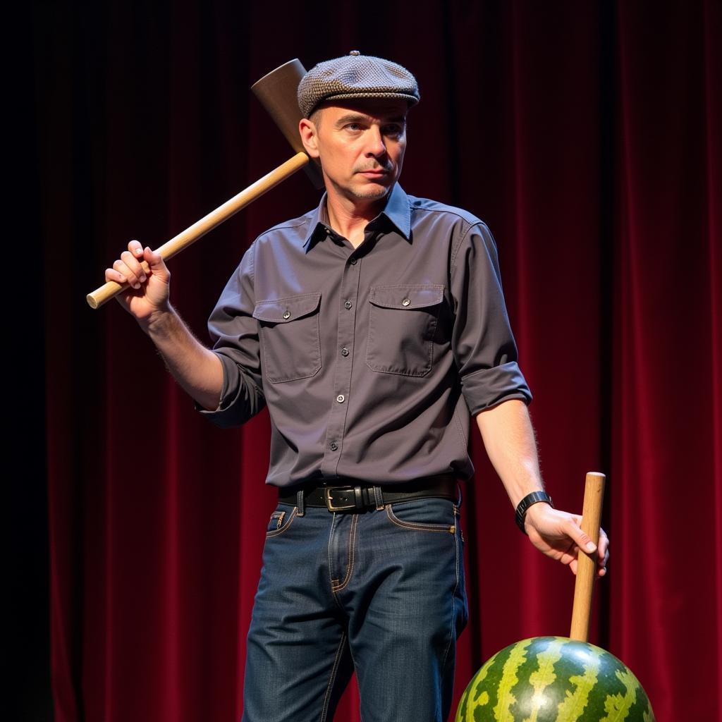 Comedian Gallagher smashing a watermelon on stage with his signature mallet