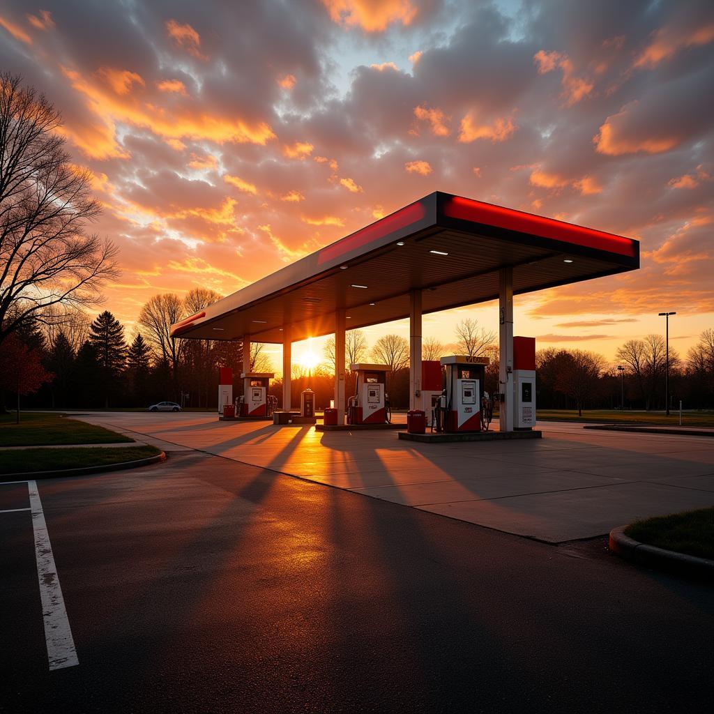 Gas station bathed in golden sunset light near a park