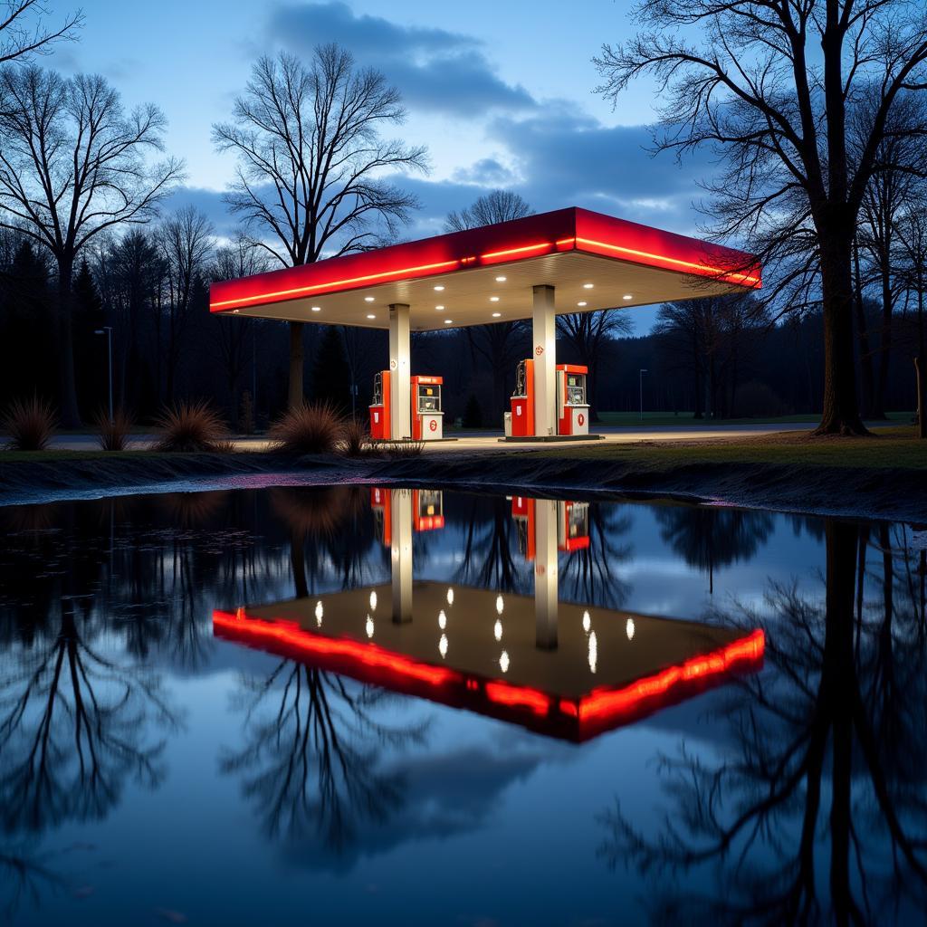 Gas station reflected in a serene park pond