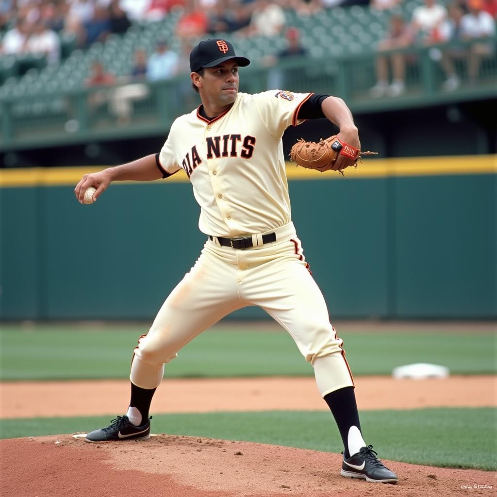 Gaylord Perry delivering a pitch during his time with the San Francisco Giants.