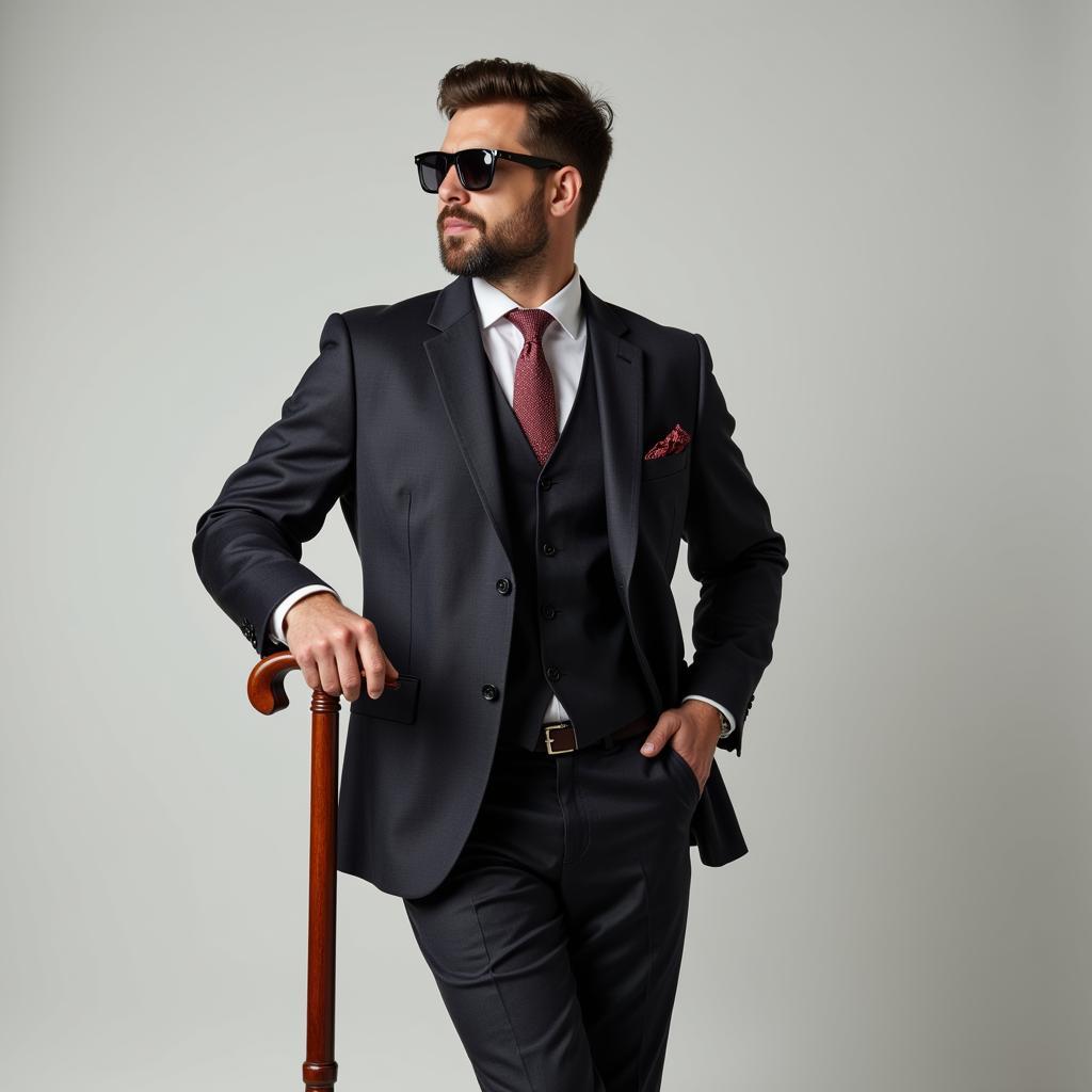 Gentleman Leaning on Wooden Walking Stick