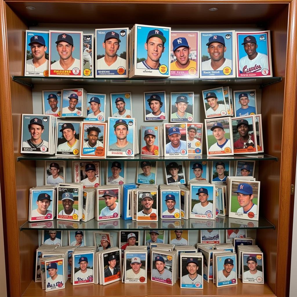 Display case filled with George Foster baseball cards