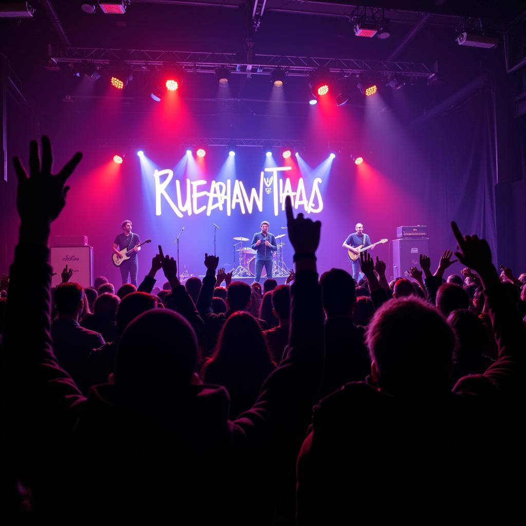 A girl group performs on stage, captivating the audience with their energy. The band's name is prominently displayed on the drum set.