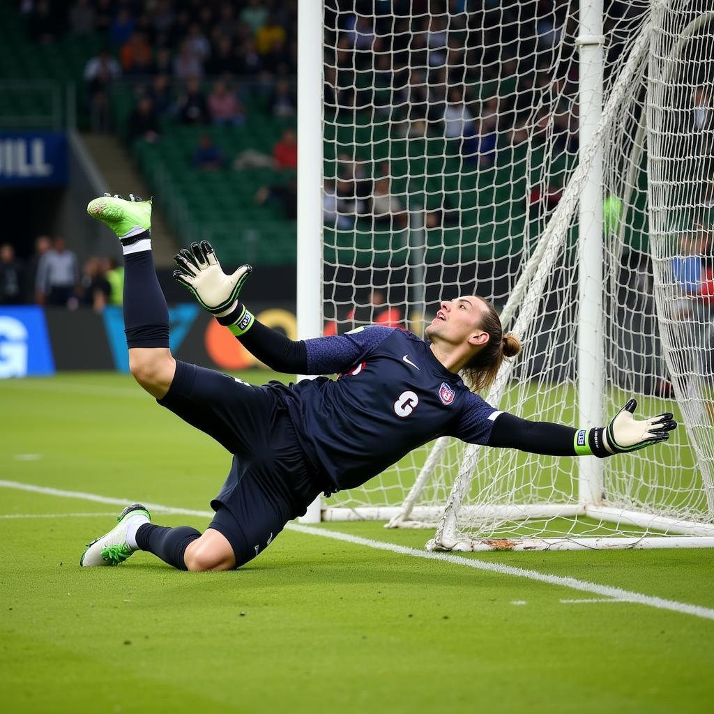 Goalkeeper wearing sliding mitts making a diving save