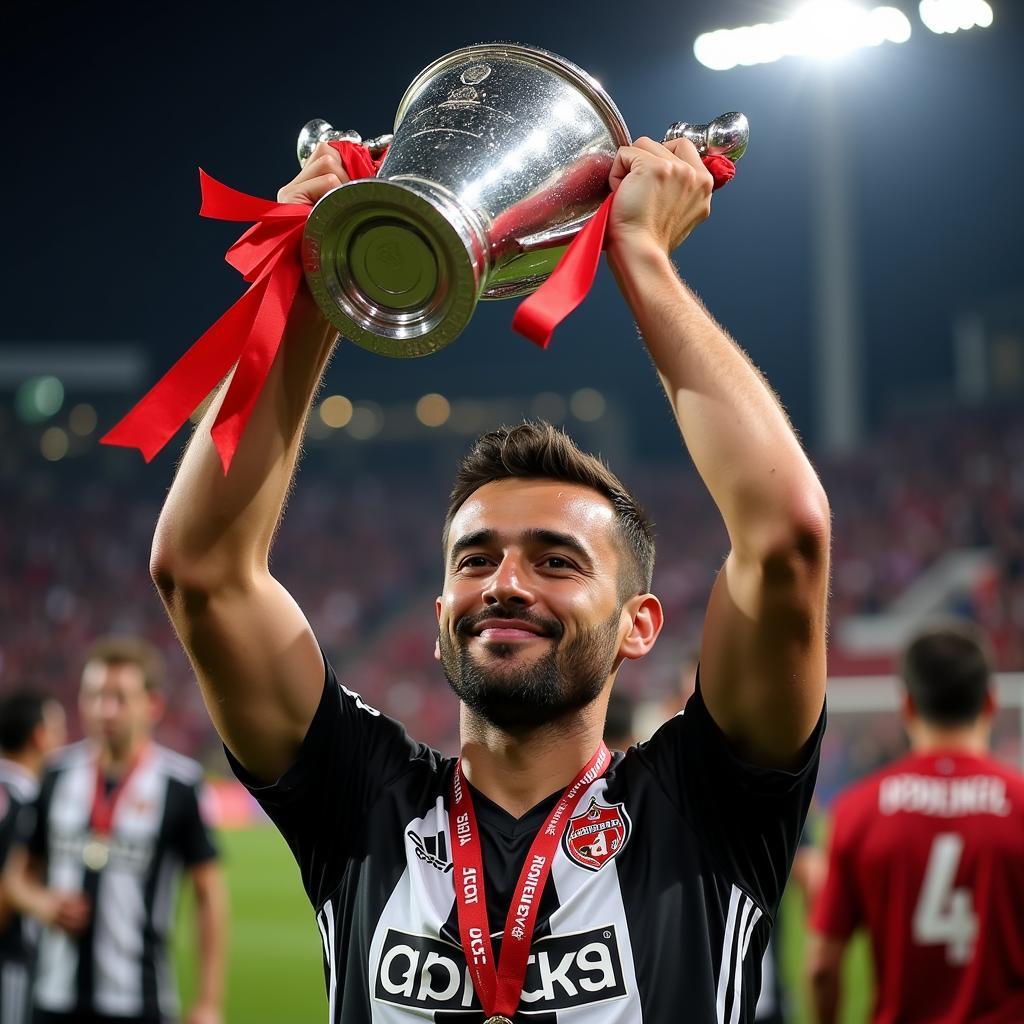 Gökhan Gönül lifting a trophy as Besiktas captain