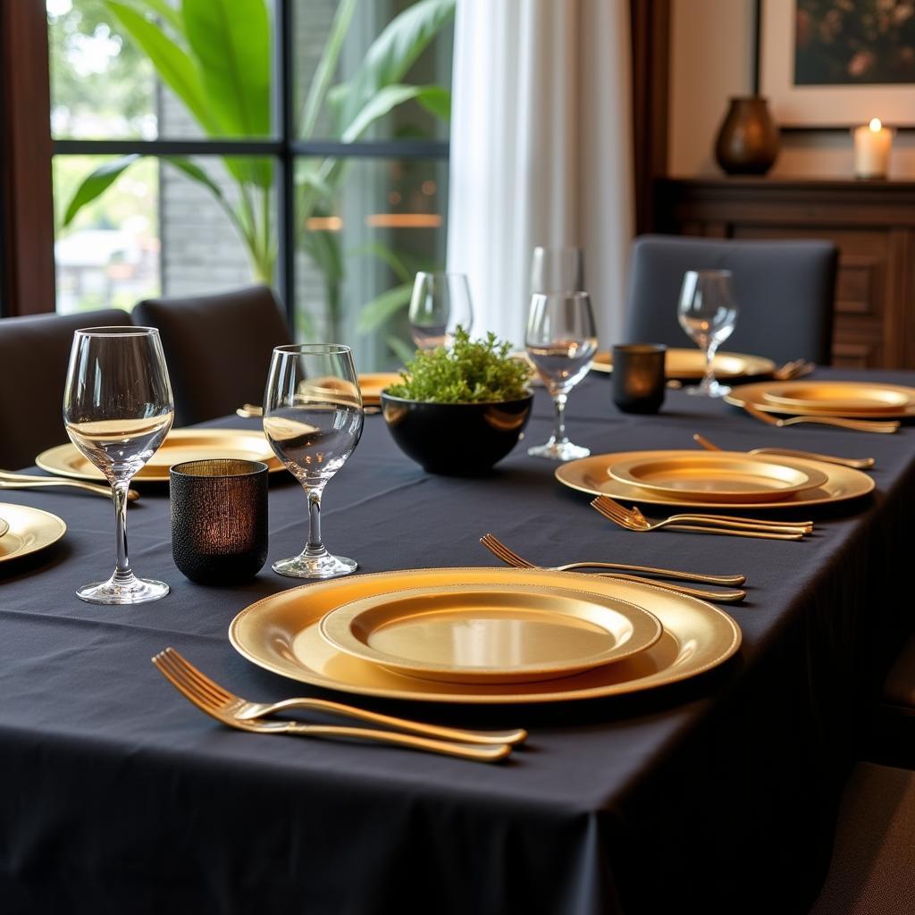 Gold disposable chargers enhance a modern table setting