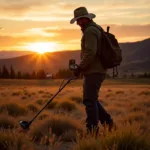 Man using a gold finder metal detector in a field