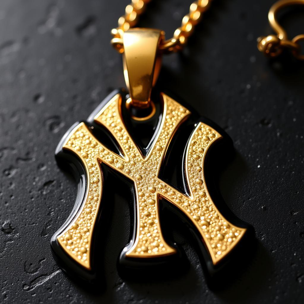 Close-up of a gold Yankees pendant