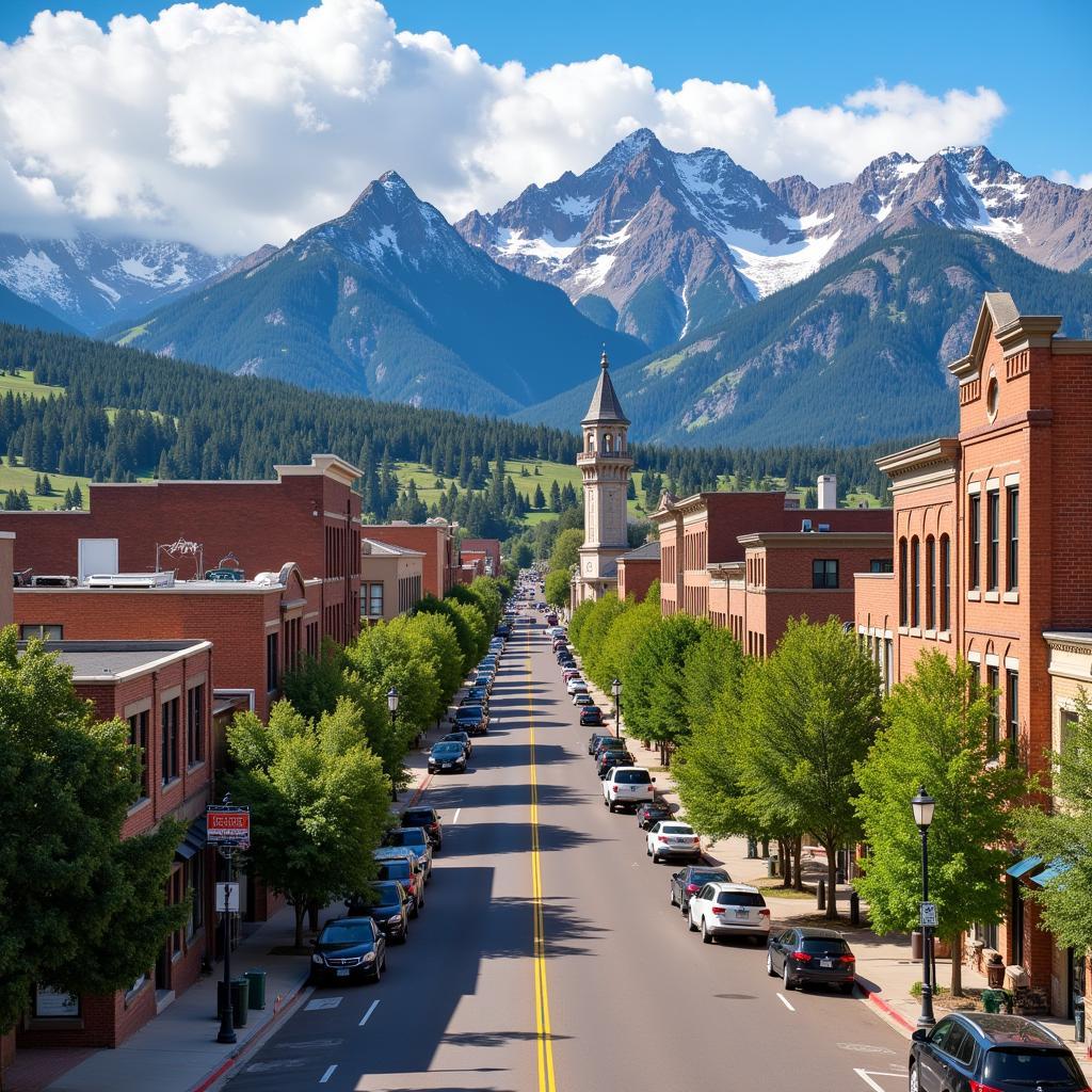 Scenic view of Golden Colorado's historic downtown with mountains in the background.