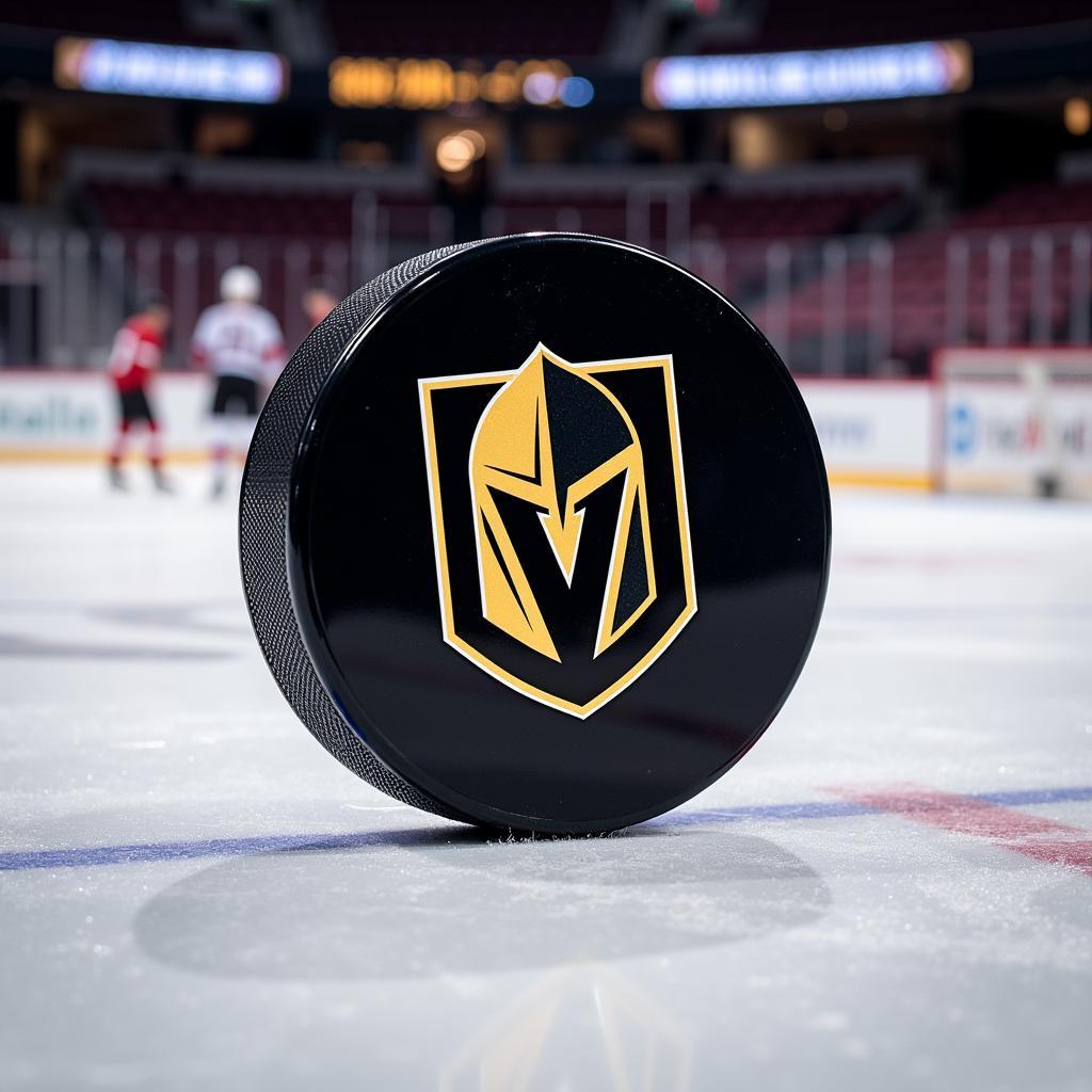 Golden Knights puck resting on ice