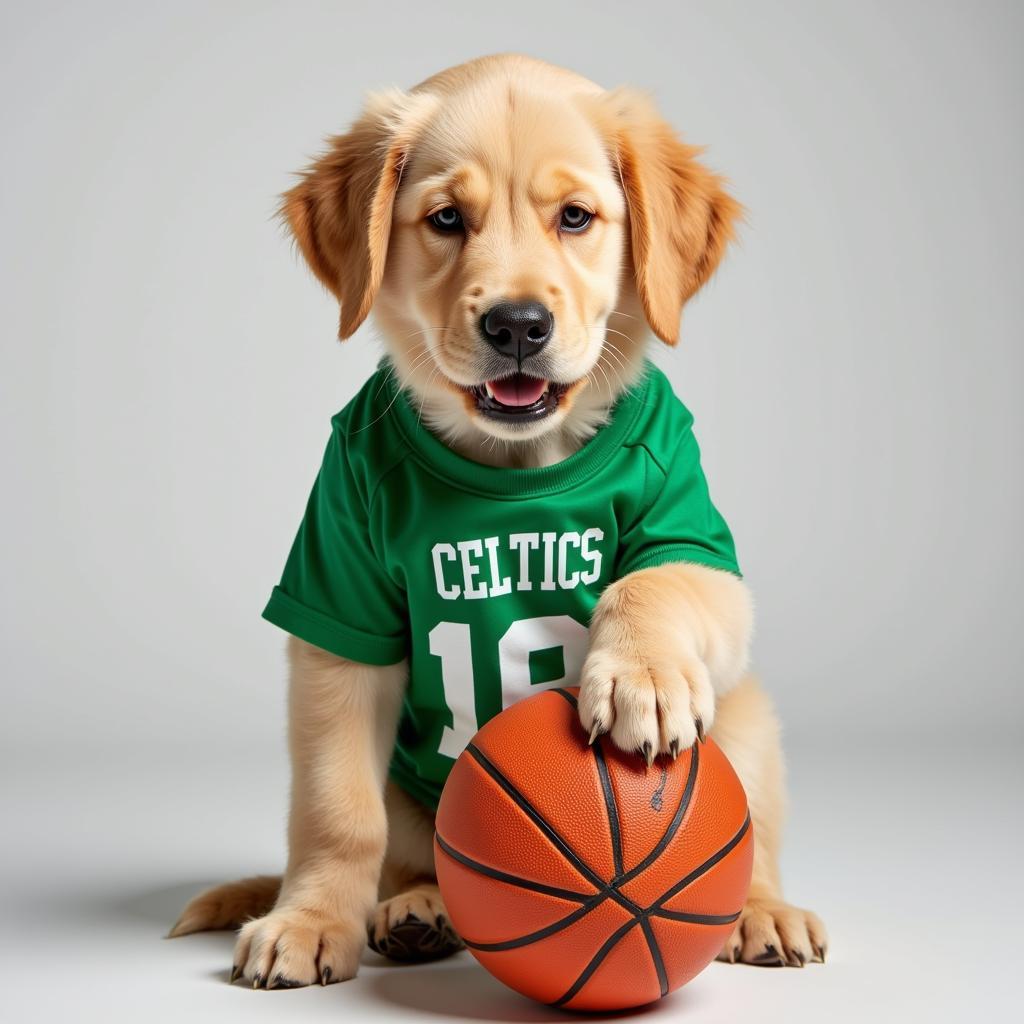 Golden Retriever Puppy Sporting a Celtics T-Shirt