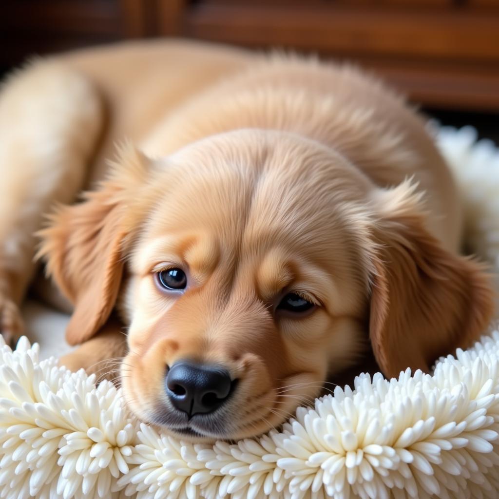 A Golden Retriever puppy peacefully sleeping in a dog bed.