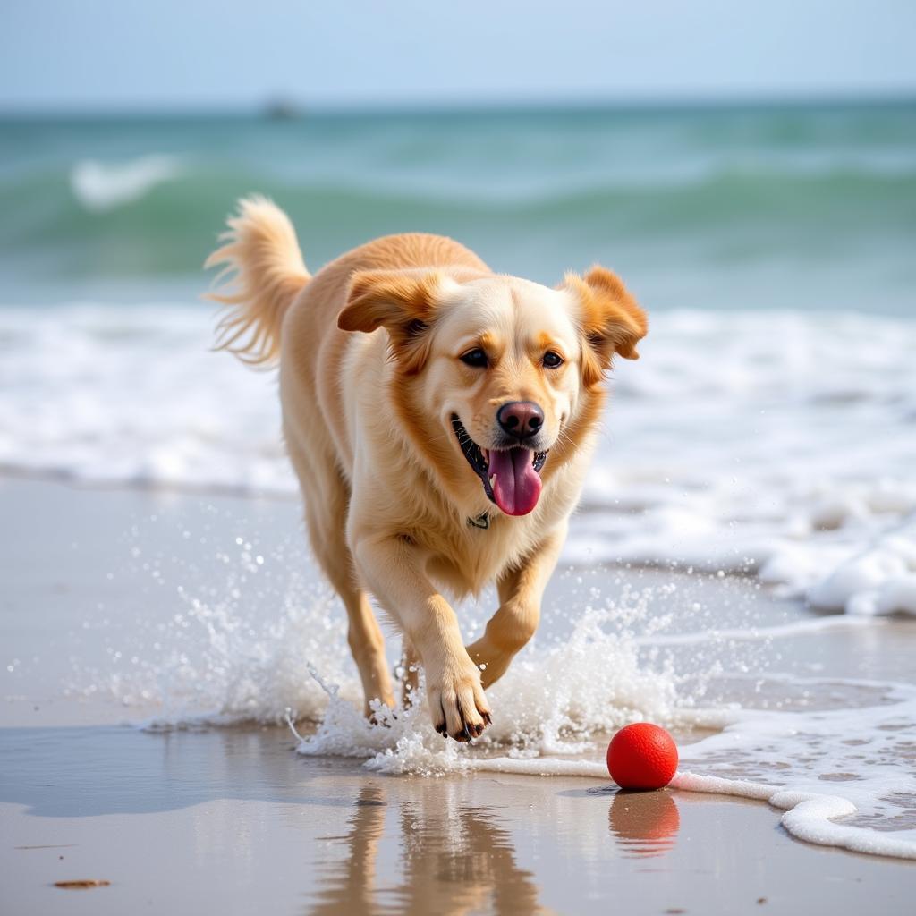 A Golden Retriever with its tongue out, enjoying a run on the beach.