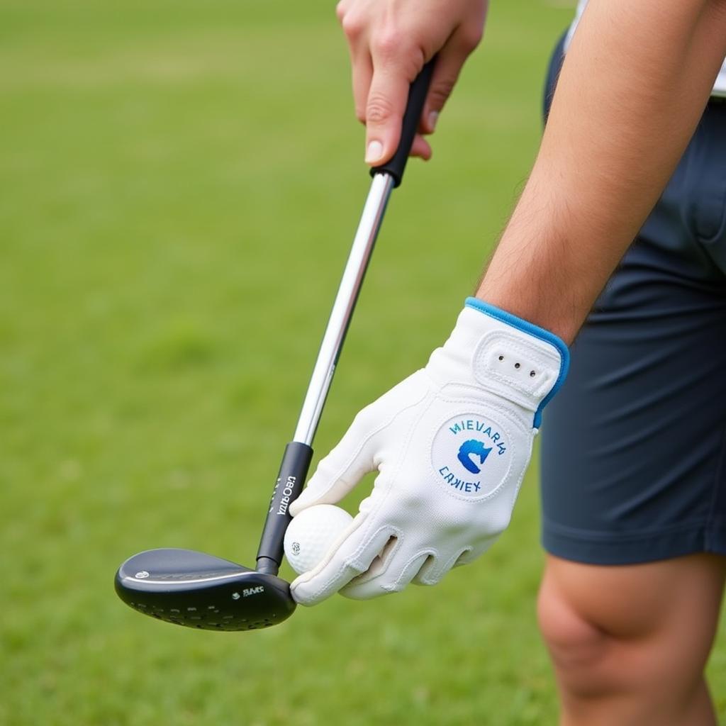 Golfer wearing a vegan golf glove while addressing the ball