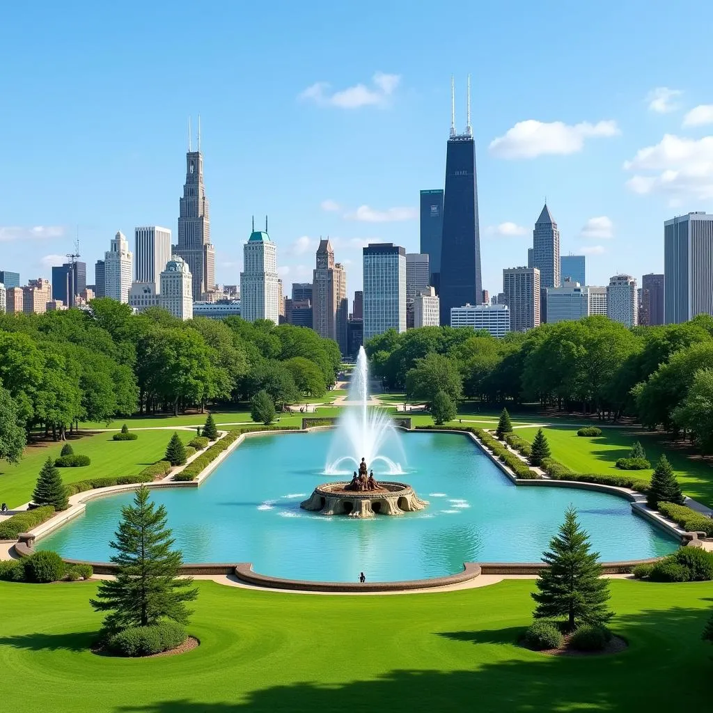 Aerial view of Grant Park with Buckingham Fountain in the foreground and Chicago skyline in the background