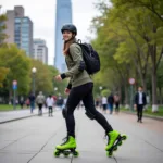 Skating through the city on green inline skates