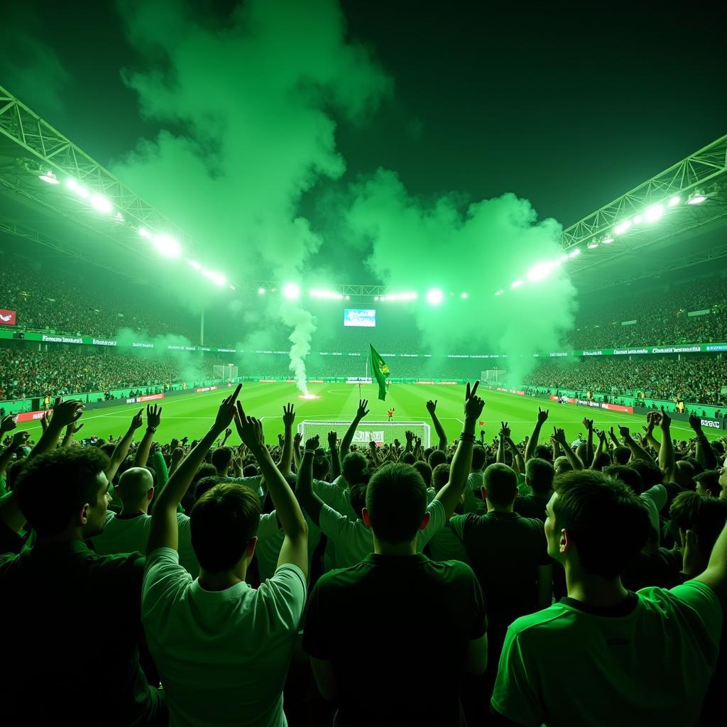 Besiktas fans, clad in green and white, create a vibrant spectacle in the stands.