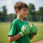 Youth baseball player wearing green batting gloves steps up to home plate.