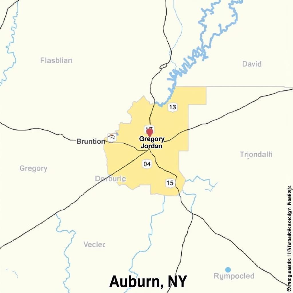 Map of Auburn, NY with potential locations related to Gregory Jordan