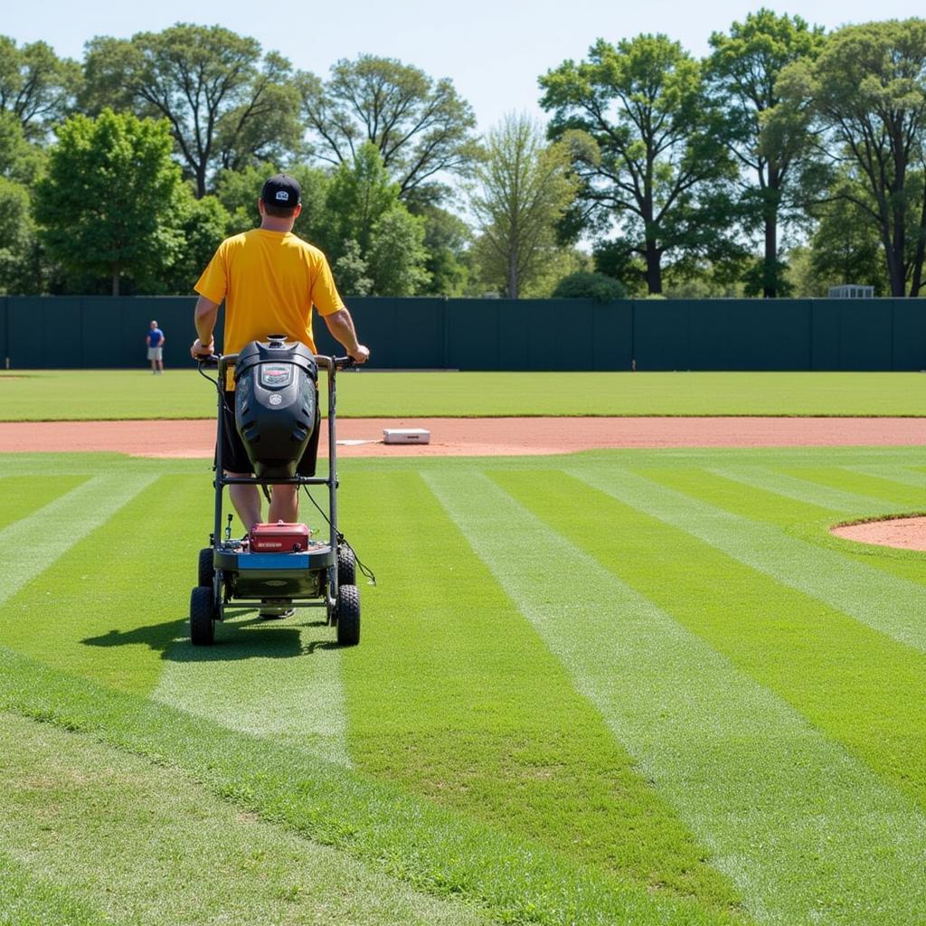 Groundskeeper efficiently maintaining a Diamond Tex Infield