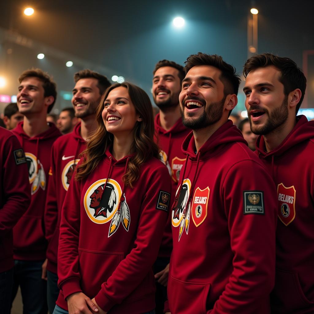  A diverse group of friends, each representing different nationalities, come together to celebrate a Besiktas victory, united by their shared love for the club and their Redskins hoodies. This image emphasizes the global community fostered by Besiktas and the Redskins identity.