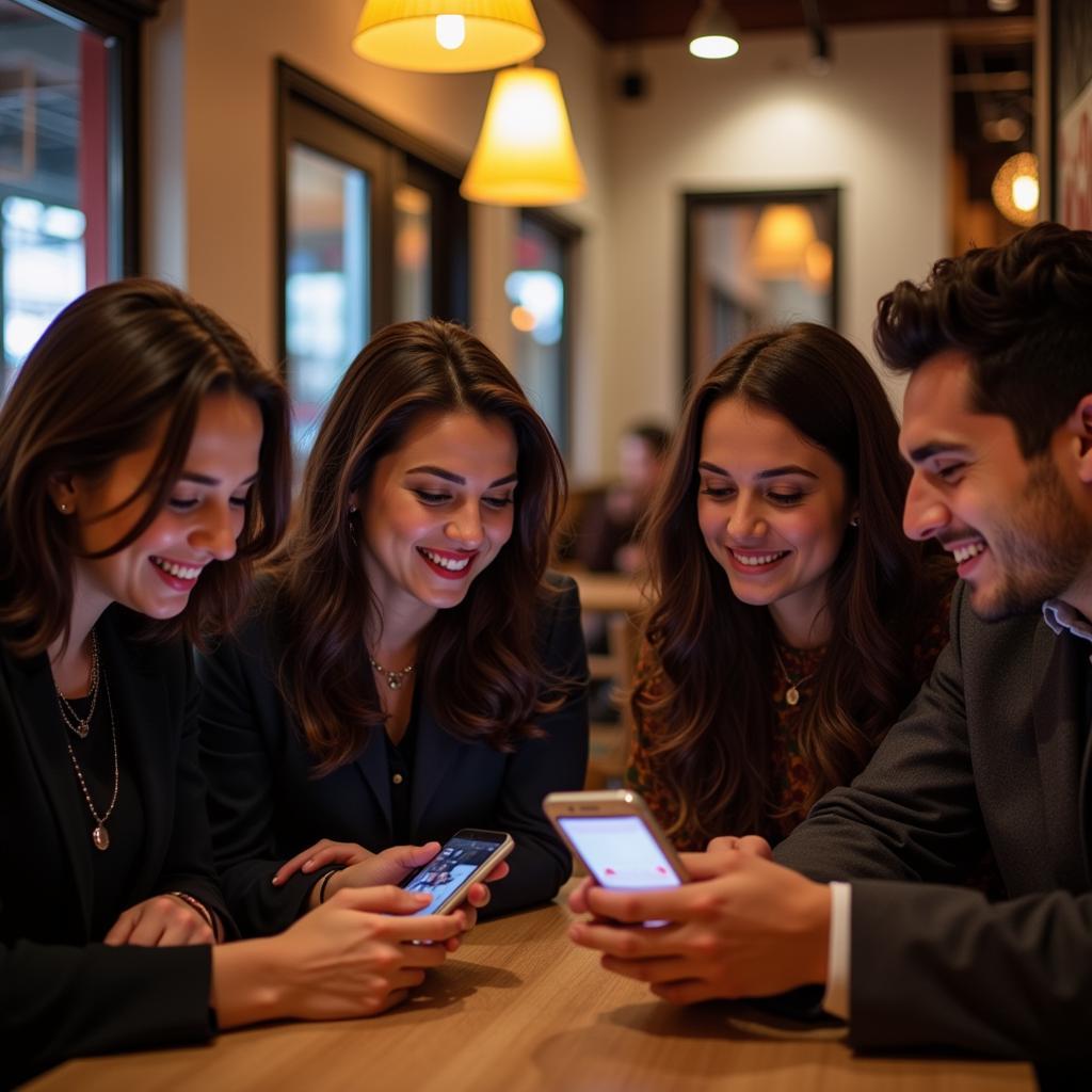 Friends laughing while looking at a phone in Chicago