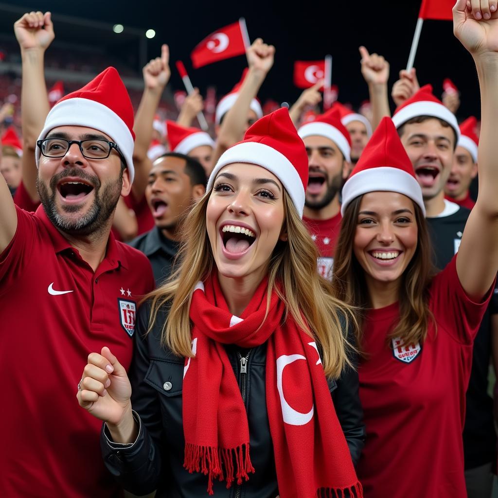 A group of Beşiktaş fans wearing kia hats celebrating a victory.