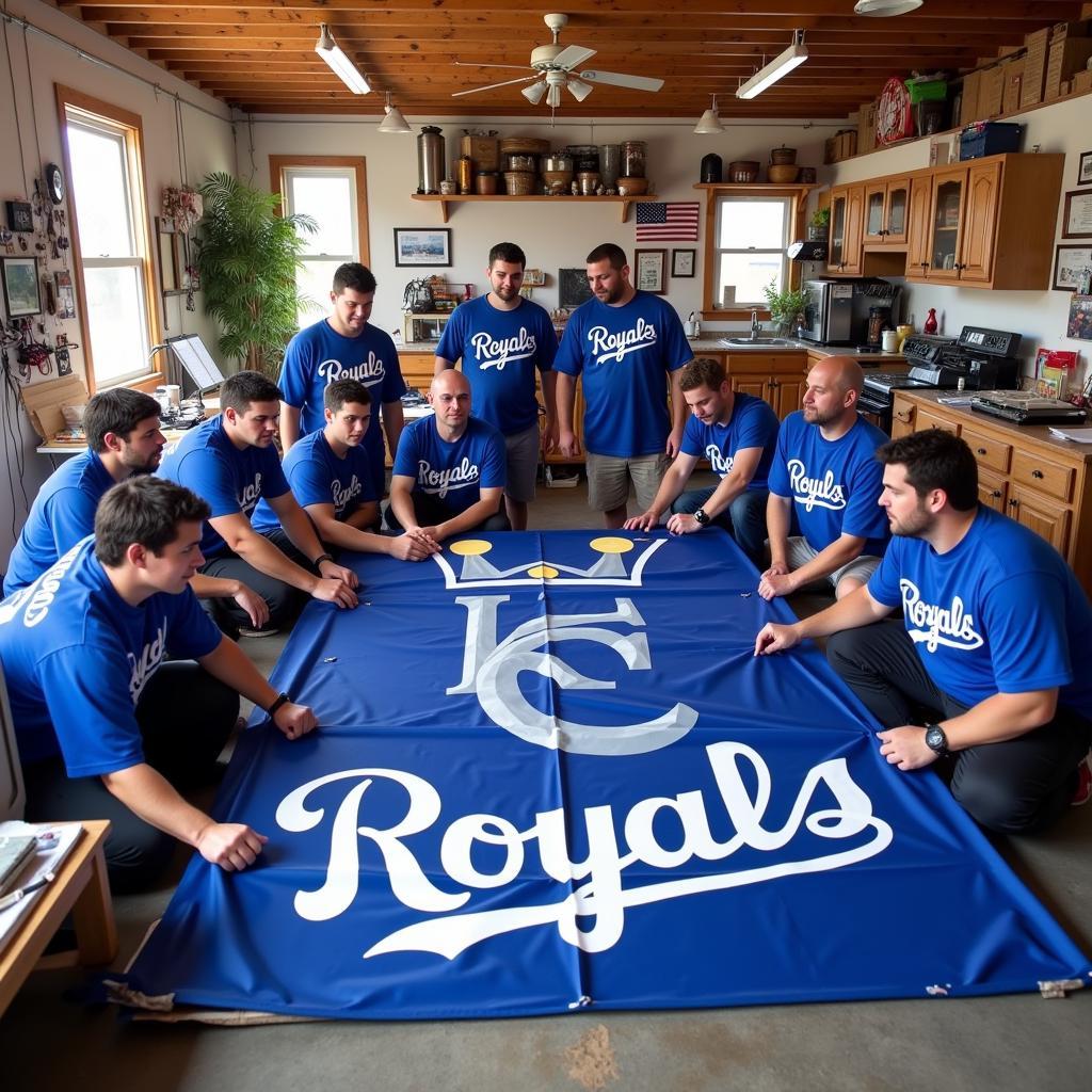 Group of fans working together to create a KC Royals banner