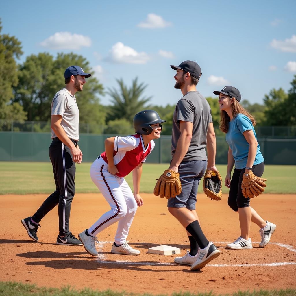 A group of friends enjoy a game of baseball at the park.