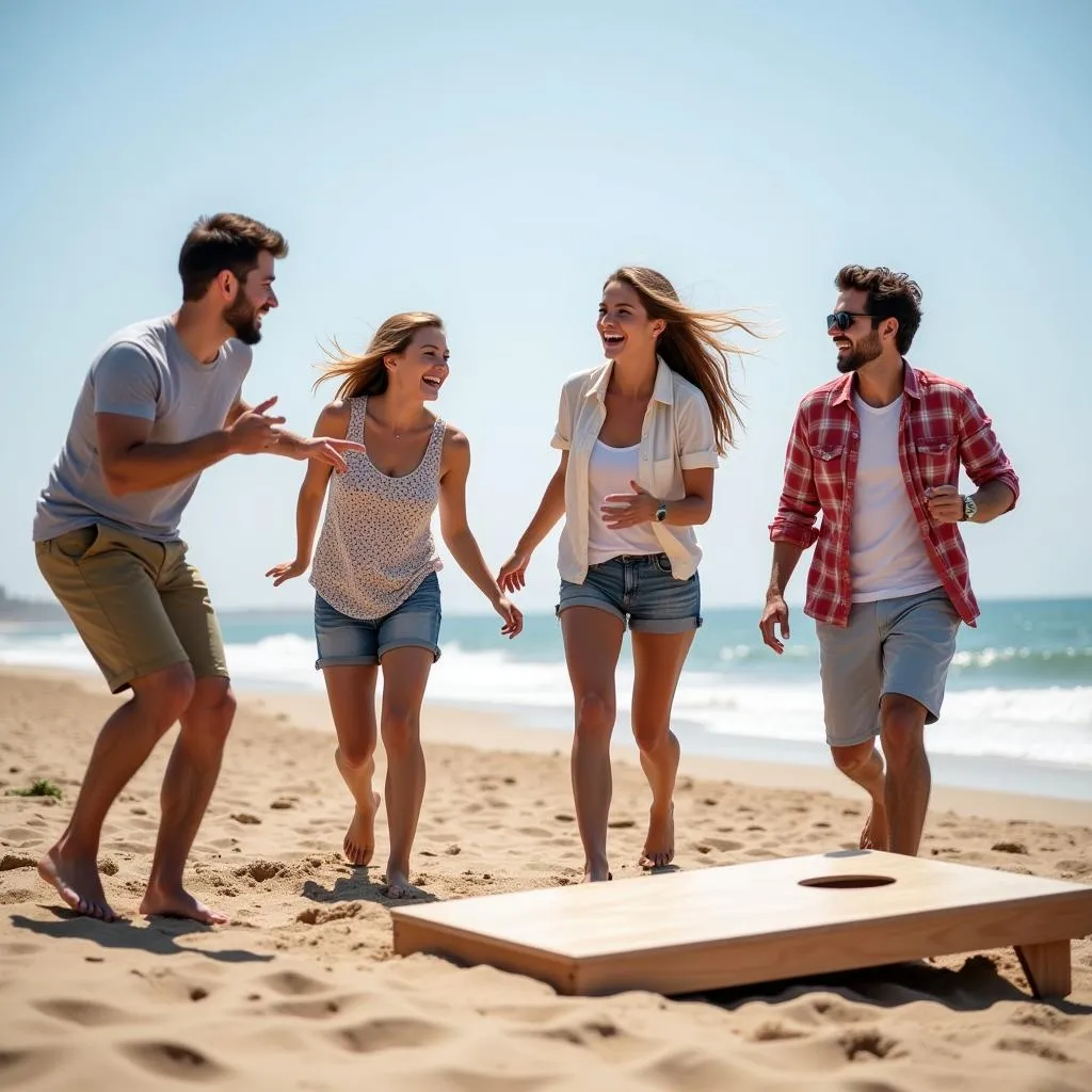 A group of friends playing cornhole on the beach.