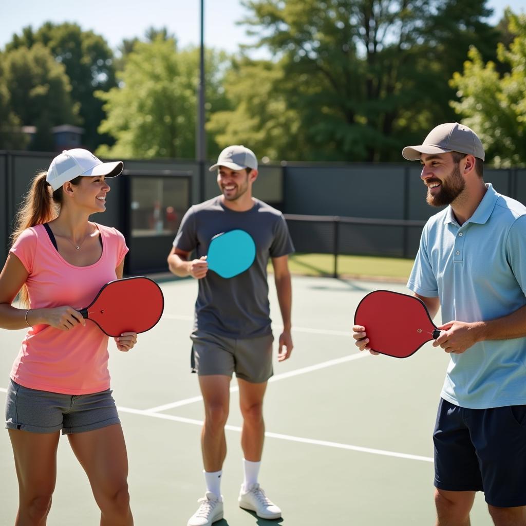 Group of friends playing pickleball with giant pickleball paddles