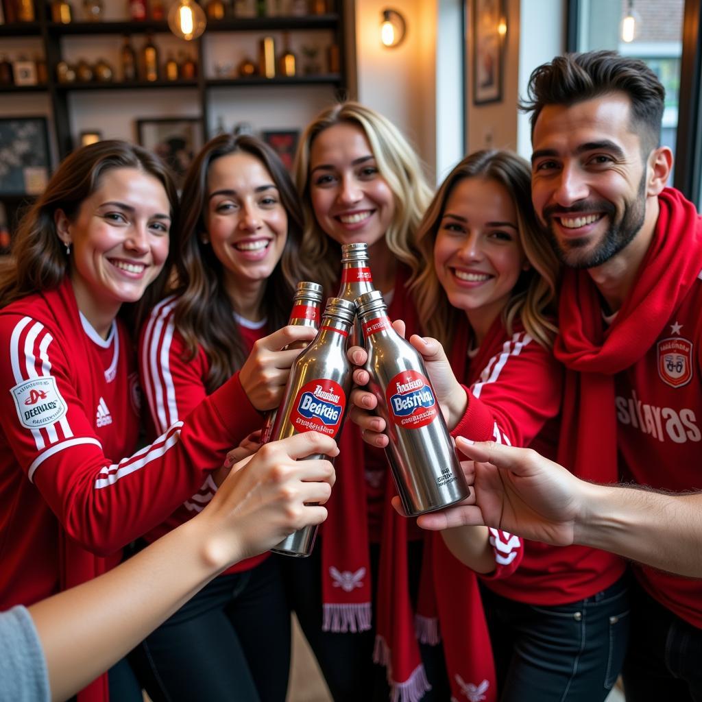 Friends Toasting with Water Bottles at a Match