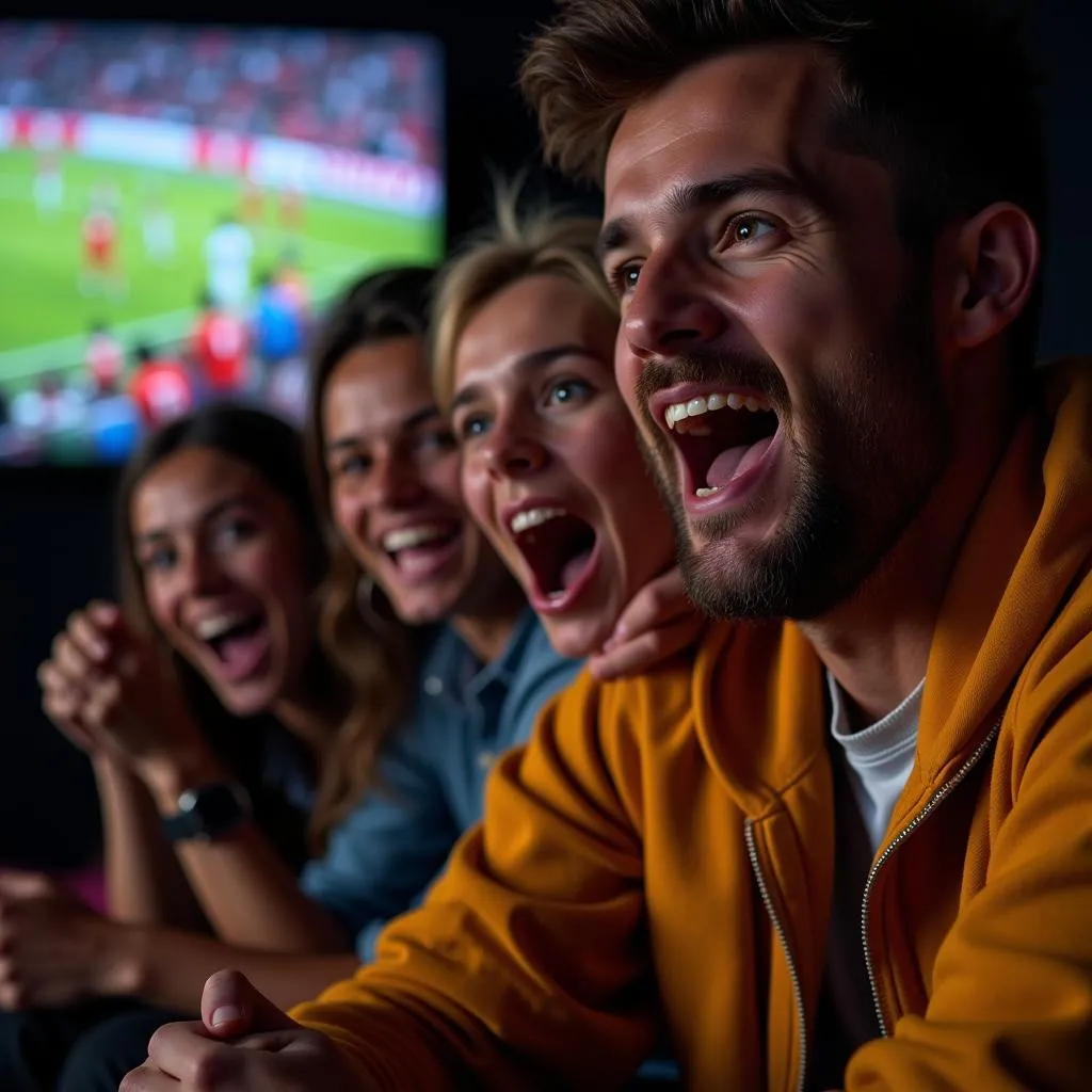 Group of friends watching American soccer match on TV