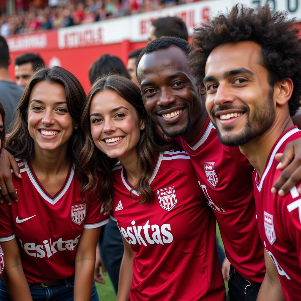 A group of friends of different ethnicities come together to watch a Besiktas game, all proudly wearing their Besiktas jerseys.