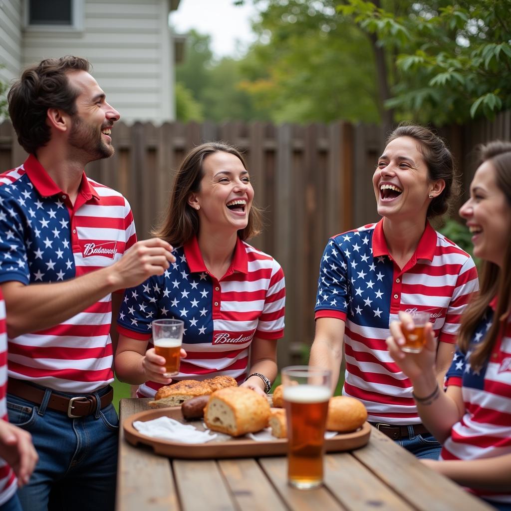 Friends at a BBQ Wearing Budweiser American Flag Shirts