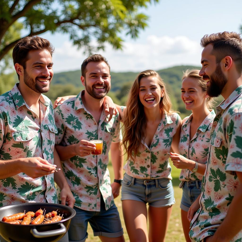 Group of Friends in Matching Aloha Shirts