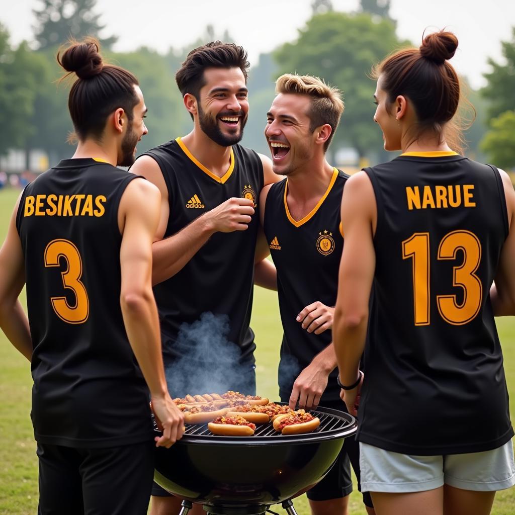 Group of Besiktas supporters sporting matching hot dog tank tops at a barbecue