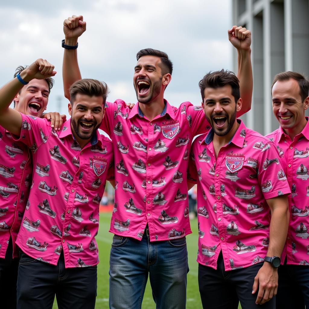 Group of friends wearing matching hot pink Hawaiian shirts celebrating Beşiktaş victory