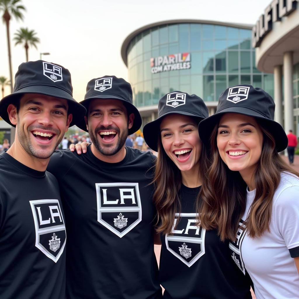 Group of friends wearing matching LA Kings bucket hats